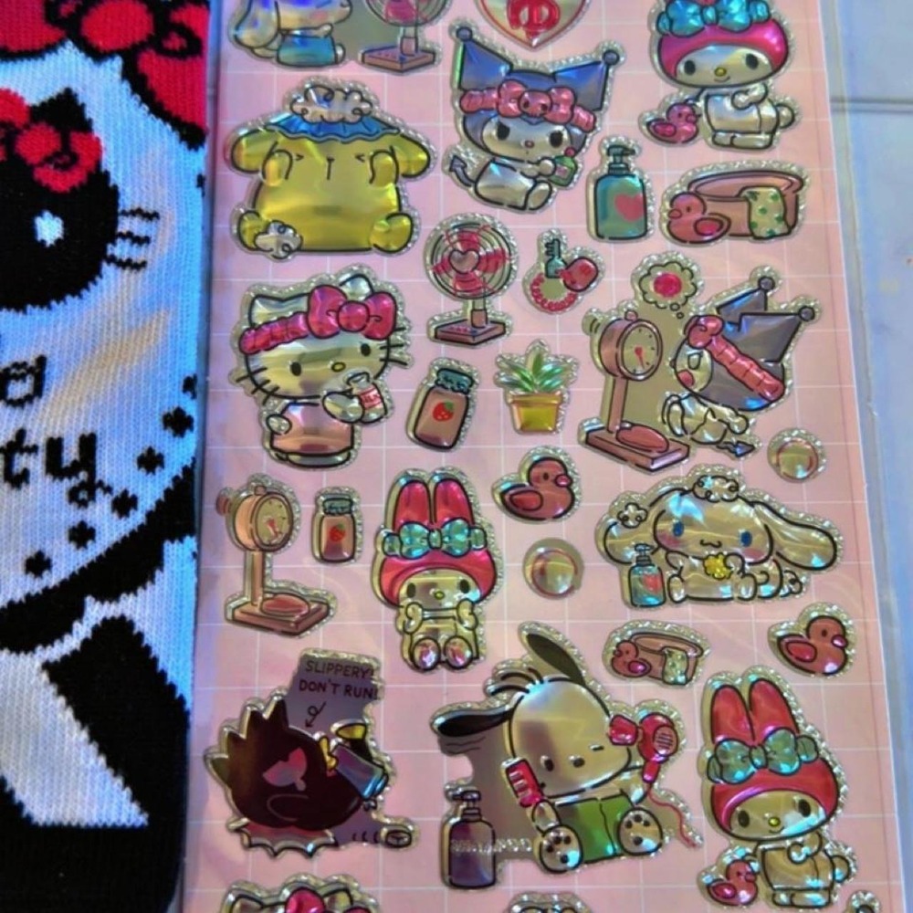 4-Piece grunge Sanrio Hello Kitty Socks & Holographic Stickers Bundle NWT - Picture 7 of 8